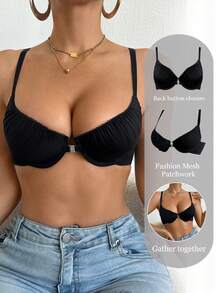 DesireSculpt 1pc Wireless Minimalist Padded Front Closure Bra, Comfortable & Supportive - Black - View 4