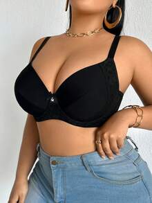 DesireSculpt 1件装加大码蕾丝拼接无钢圈薄罩杯光滑舒适简约支撑全罩杯文胸 - 黑色 - 查看 10