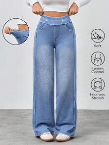 SHEIN Unity Jeans rectos de cintura alta lavados de estilo casual para mujer - Azul - Ver 1