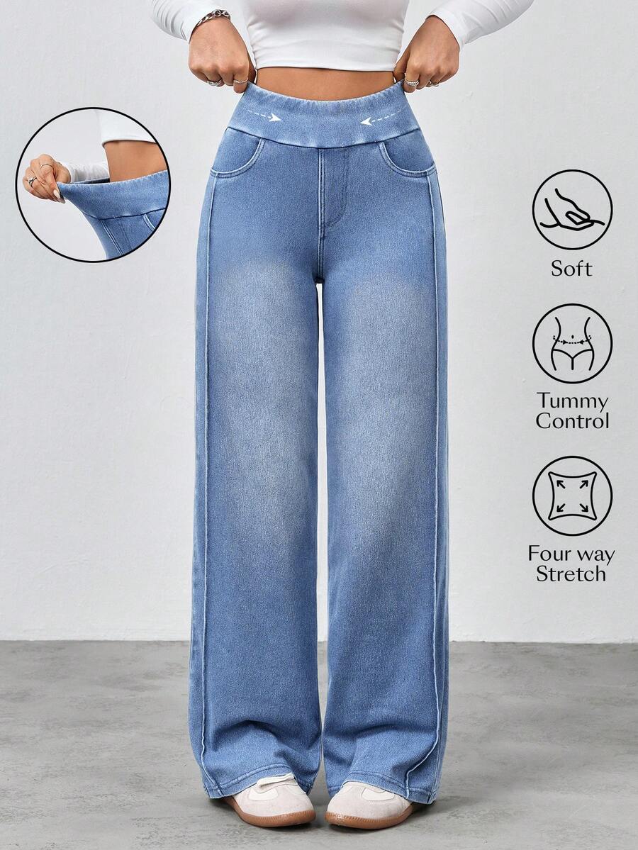 SHEIN Unity Jeans rectos de cintura alta lavados de estilo casual para mujer - Azul - Ver 1