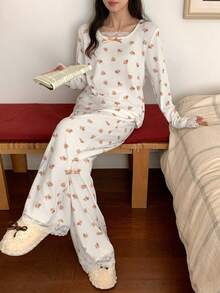 Cute Puppy Print Knitted Women Pajama Set - White - View 3