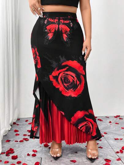 Elenzga Women's Plus Size Retro Red Rose Dark Print Elegant High-End Skirt, Spliced ​​Irregular Hem Pleated Tight Fishtail Version Skirt