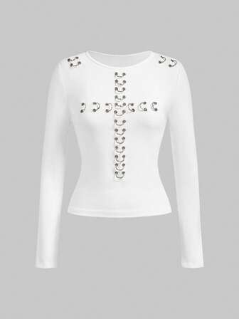 Grunge Punk Punk Metal Ösen Design Eng anliegendes Langarm T-Shirt