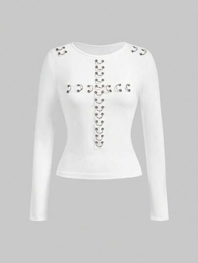 ROMWE Grunge Punk Punk Metal Grommet Design Tight Fit Long Sleeve T-Shirt