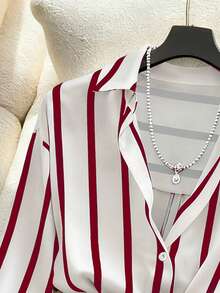 GlowEve 条纹衬衫和不对称百褶裙裤，优雅两件套女装 - 酒紅色 - 查看 3