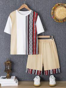Vacaura 2pcs/Set Teen Boy Casual Retro Print Patchwork Contrast Color T-Shirt And Shorts Set,Summer Streetwear Vacation Outfit For Preteen Boys Daily Wear - Khaki - View 3
