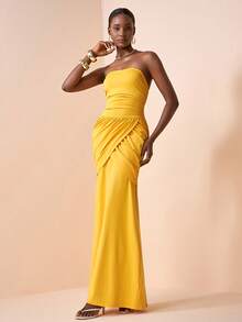 Zivah 2026 Spring/Summer New Elegant Commuter Business Casual Strapless Sleeveless Ruched Front Waist Sash A-Line Dress, Ginger Yellow, Spring/Summer Dress, Wedding Guest Dress, Evening Gown - Yellow - View 3