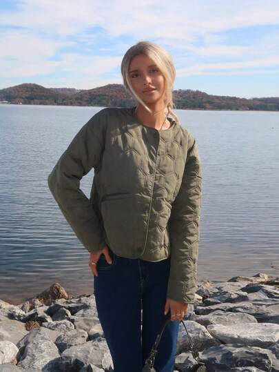 Sydney Algeri Casual Geometric Round Neck PocketPadded Insulated Polyfill Synthetic Insulation Winter Coat Winter Jacket Jacket Fall Cloth For Women