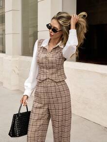 Pariaura 2pcs/Set Women's French Plaid Patchwork Outfit - Coffee Brown - View 4