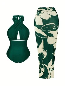 Swim Oasis Plus Size Women 2pcs Set Halter Backless One Piece Swimsuit With Random Print Long Beach Cover Up Skirt, Vacation Casual Swimwear Set, Tropical Outfit, Green Vacation Outfit, Green Outfit Women, Havana Nights Outfit
