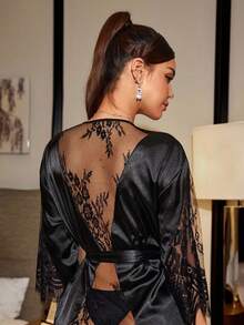 SilkySpell Lace Backless Kimono Robe, High-End Satin Comfortable Extremely Alluring Women Sleepwear - Black - View 3