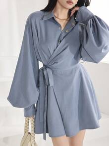 Heiryn Women's Solid Color Minimalist Long Sleeve Mini Dress, Casual Everyday Wear - Baby Blue - View 2