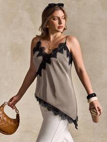 Plus Size Women Urban Casual Lace Asymmetric Hem V-Neck Patchwork Solid Color Cropped Camisole - Khaki - View 4