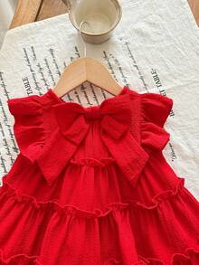 SHEIN 女婴可爱休闲宽松红色荷叶边飘逸袖连衣裙