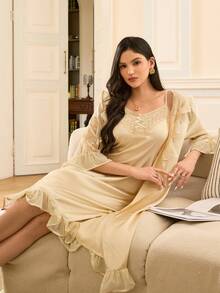 Moireta Women's Elegant Romantic Vintage Lace Ruffle Patchwork Satin Criss-Cross Tie Mesh Bow Sleepwear Set, Suitable For Valentine's Day And Wedding Season - Champagne - View 3