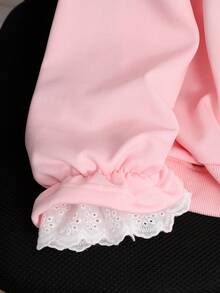 SHEIN Genkimix Kids Girls' Casual Korean Style Lace Patchwork Embroidered Collar Flare Sleeve Sweatshirt, Suitable For Outings, School, Commuting