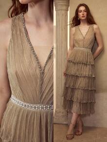 MOTF PREMIUM WOMEN'S V-NECK COCKTAIL PARTY TIERED LAYER DRESS