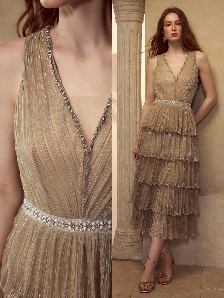 WOMEN'S V-NECK COCKTAIL PARTY TIERED LAYER DRESS