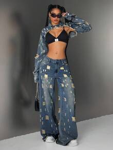 Jeanoix Quần jeans nữ ống rộng, có túi và cúc, kiểu dáng thoải mái, đa năng, thích hợp cho việc đi làm đường phố. - Màu xanh lam - Xem 5