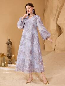 SHEIN Najma Fashionable New Heavy Jacquard Large Floral Purple Arabic Style Dress For Women - Lilac Purple - View 4