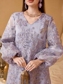 SHEIN Najma Fashionable New Heavy Jacquard Large Floral Purple Arabic Style Dress For Women - Lilac Purple - View 1