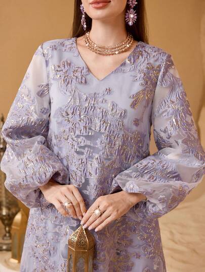 SHEIN Najma 时尚新款重工提花大花卉紫色阿拉伯风格女式连衣裙