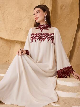 SHEIN Najma 复古浪漫撞色装饰拼布贴花女士时尚年轻阿拉伯风格连衣裙