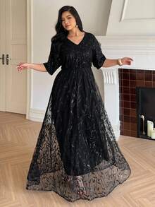 Dazy Plus Đầm maxi dài tay cổ chữ V họa tiết lá bằng chiffon dệt hoa thanh lịch dành cho nữ cỡ lớn, màu đen, thích hợp cho mùa xuân/hè, dự tiệc, lễ hội hoặc các dịp đặc biệt khác. - màu đen - Xem 7