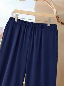 Rusticease Conjunto de 2 piezas de talla grande para mujer con estampado geométrico, cuello redondo, manga larga y bajo asimétrico, top y pantalones, conjunto casual de invierno - Azul Marino - Ver 5