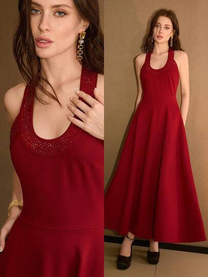 MOTF PREMIUM FASHIONABLE MODERN HALTER NECK RHINESTONE DECOR FLARED MIDI DRESS