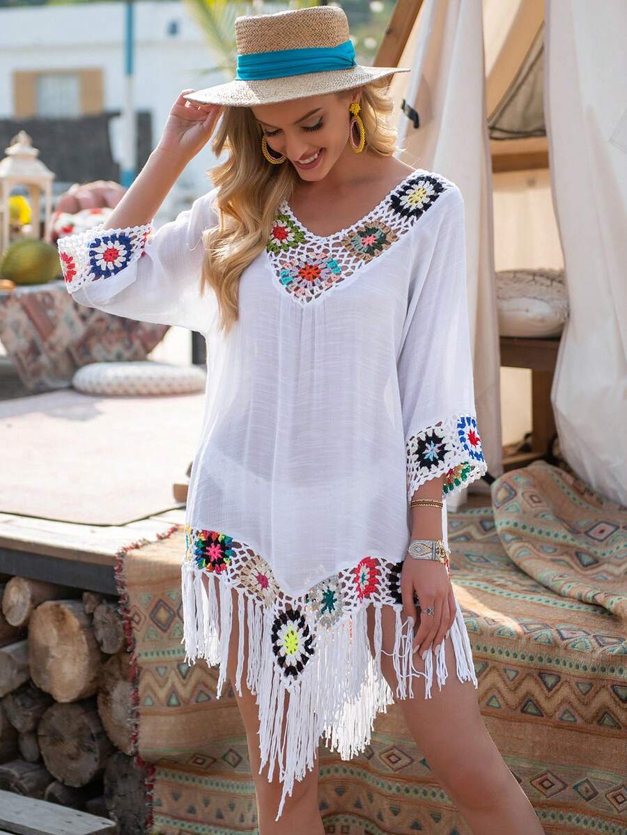 Swim Vcay 女式寬鬆V領流蘇邊海灘休閒遮陽衣 - 彩色 - 查看 1