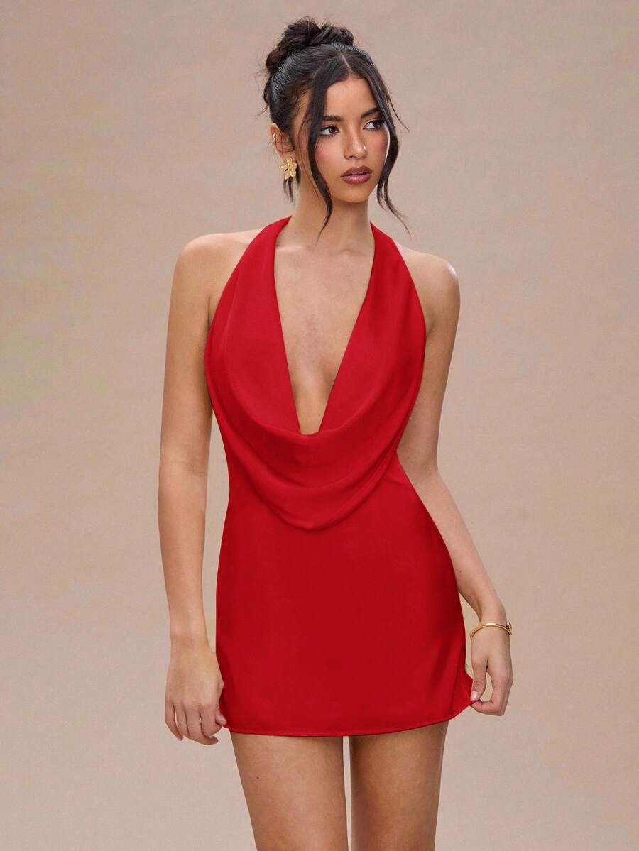 SHEIN BAE 婚礼季纯黄色垂褶领性感露背缎面迷你连衣裙(女款) - 紅色 - 查看 1