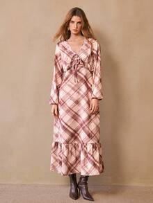 Florisole 女士休闲格子荷叶边长袖连衣裙，适合度假穿着，格子连衣裙，方格连衣裙，系带连衣裙，秋季连衣裙 - 鏽棕色 - 查看 6