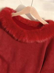 SHEIN Franclia Women's Minimalist Fashion Fur Collar Patchwork Raglan Sleeve Solid Color Knit Pullover Sweater, Autumn/Winter - Red - View 3