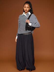 COUREZ 低腰宽松滑板裤，细条纹设计，Y2K街头风，可爱宽松秋冬假日新年女装，优雅百搭。 - 寶藍色 - 查看 1