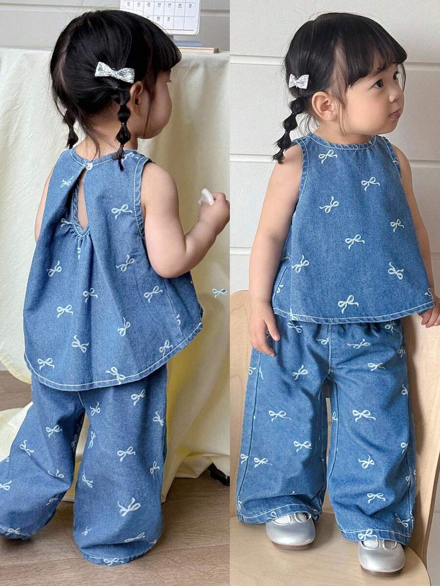SHEIN Baby Girl Crew Neck Bow Print Hollow Back Tank Top And Elastic Waist Wide Leg Jeans Casual Vacation Outfit - Light Wash - View 1