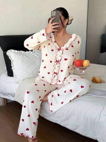 Dream Adore Heart Print Ruffle Trim Long Sleeve & Pants Plus Size Pajama Set Heart Pajama Set Women Pj Sets