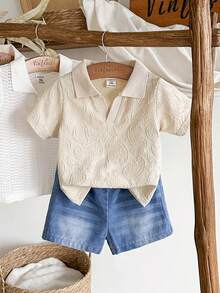 SHEIN Vintaside Kids Bộ áo thun tay ngắn cổ bẻ họa tiết Paisley cho bé trai kết hợp với quần short denim giặt thời trang, trang phục mùa hè thường ngày đa năng, thích hợp mặc hàng ngày, cắm trại gia đình, ăn uống hoặc mua sắm - Nhiều màu - Xem 4