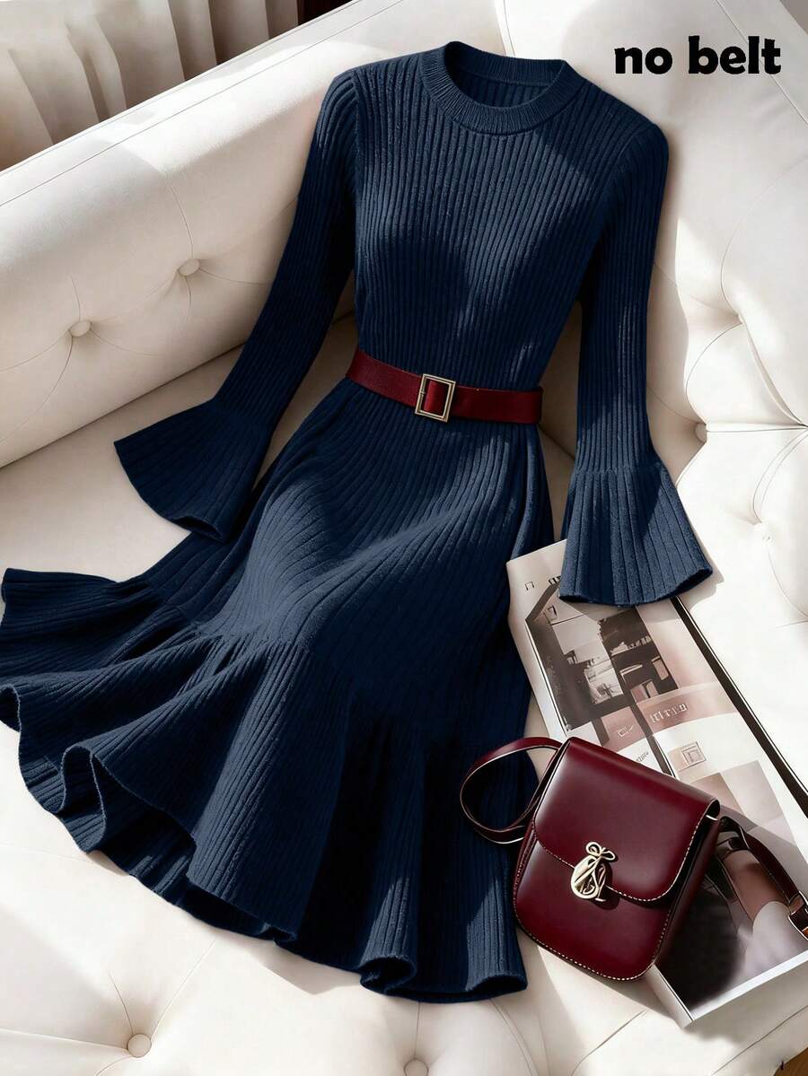 SHEIN Franclia 新款秋冬性感修身圆领喇叭袖优雅休闲针织毛衣连衣裙（女款） - 藏蓝色 - 查看 1
