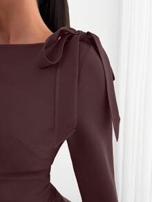 Women, Autumn, Short Dress, Tie Shoulder, Zipper, Flare Sleeve, - Brown - View 7