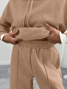 Conjunto de dos piezas de sudadera y pantalón de chándal oversize de color gris jaspeado para mujer - Beis - Ver 8