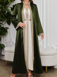 Al Najma Váy chắp vá ren thấm nước dành cho nữ kèm áo khoác ngoài, trang phục thời trang Hồi giáo Abaya mặc thường ngày/lễ hội/tụ tập/du lịch - Màu xanh Ô liu - Xem 7