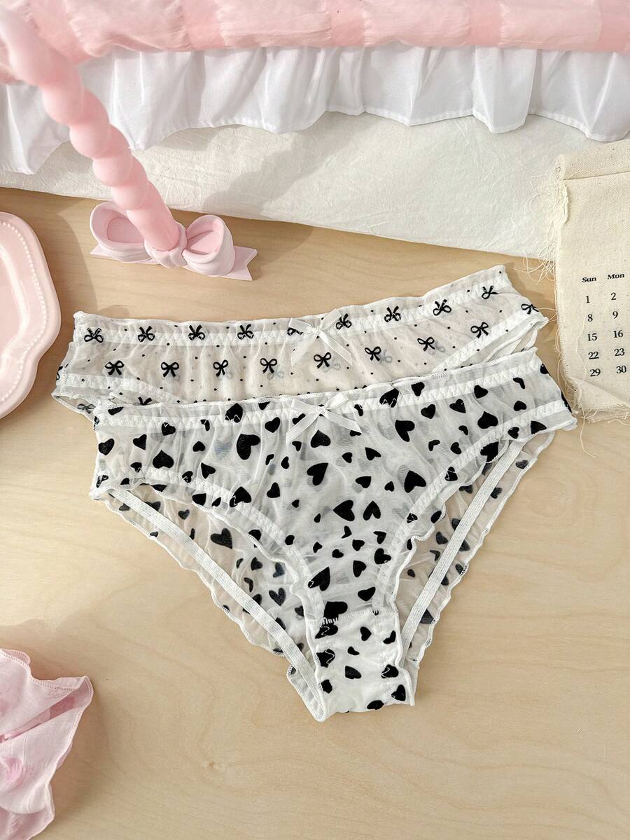 PetitDoll 2条/包 浪漫可爱女士低腰内裤 - 黑與白 - 查看 1