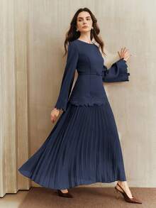 Anewsta Women's Vintage Elegant Embroidered Waist Pleated Dress, Cozy Fall And Winter Clothes, Navy Blue - Navy Blue - View 6