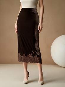 Anewsta Váy ôm sát gợi cảm thời trang thu đông chất lượng cao cỡ tiêu chuẩn cho nữ viền ren thêu - Cà phê nâu - Xem 1