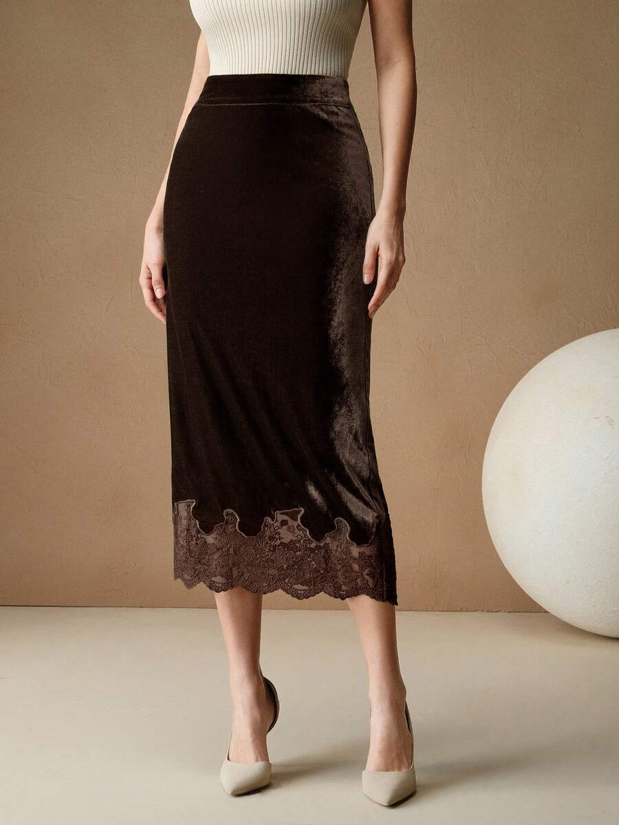 Anewsta Váy ôm sát gợi cảm thời trang thu đông chất lượng cao cỡ tiêu chuẩn cho nữ viền ren thêu - Cà phê nâu - Xem 1