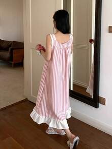 DAZY Striped Ruffle Trim Adjustable Strap Midi Nightgown For Women - Red - View 2