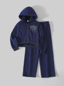 Ontre 2件套Tween Girl字母图案连帽衫和运动裤套装 - 藍色 - 查看 3