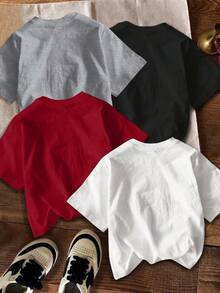 SHEIN EZwear 4件套休闲简约鲨鱼、蝴蝶结、花卉、樱桃印花圆领宽松短袖T恤，女款，适合夏季穿着 - 彩色 - 查看 2