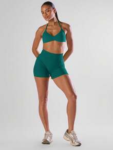 Musera Sport Solid Ruched Bust Open Back Halter Sports Bra, Active Comfy Workout Gym Running Run Club,Padel, Tennis, Pickleball Gym Fitness - Teal Blue - View 3